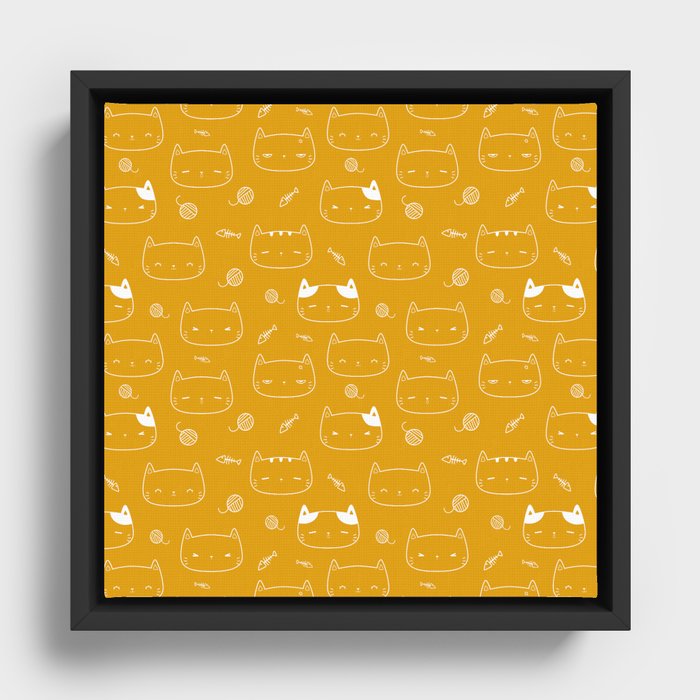 Mustard and White Doodle Kitten Faces Pattern Framed Canvas