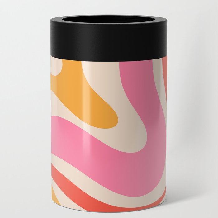 Modern Retro Liquid Swirl Abstract Pattern Square in Pink Orange Mustard Cream Can Cooler