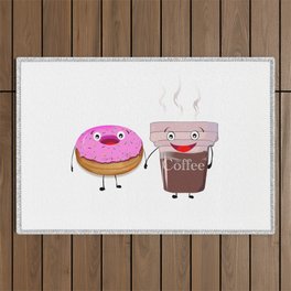 Coffee and doughnut kawaii cartoon Outdoor Rug