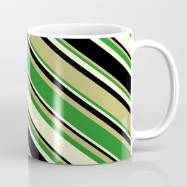 [ Thumbnail: Dark Khaki, Forest Green, Light Yellow, and Black Colored Pattern of Stripes Coffee Mug ]