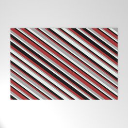 [ Thumbnail: Red, Dark Grey, Mint Cream, and Black Colored Pattern of Stripes Welcome Mat ]