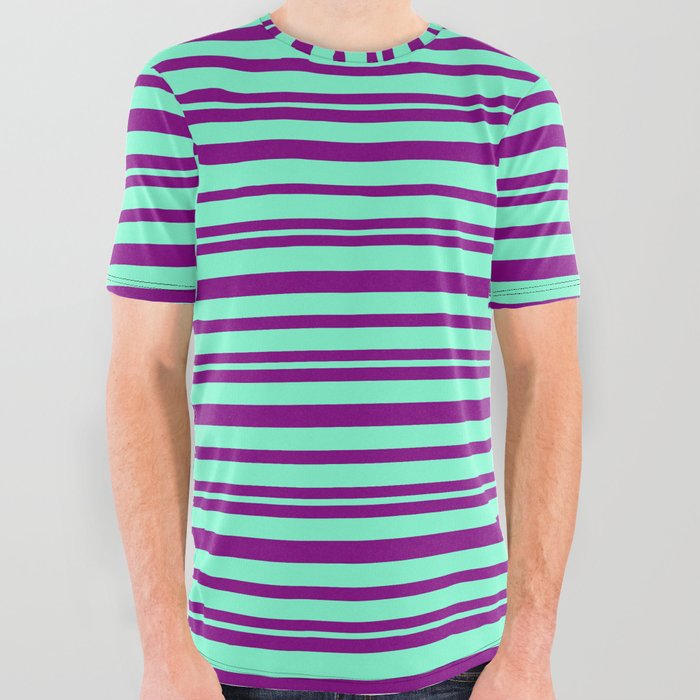 Purple & Aquamarine Colored Pattern of Stripes All Over Graphic Tee