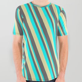 [ Thumbnail: Cyan, Pale Goldenrod & Dim Grey Colored Lines/Stripes Pattern All Over Graphic Tee ]