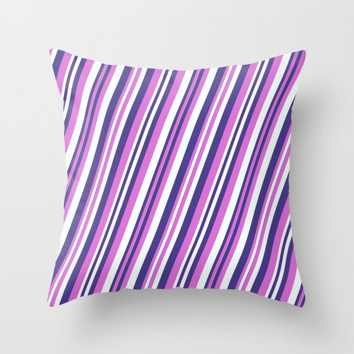 Dark Slate Blue, Orchid, and Mint Cream Colored Pattern of Stripes Throw Pillow