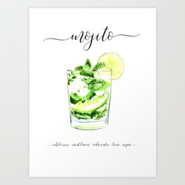 Cocktail Recipes. Mojito. Art Print | Art, Alcohol, Cocktail, Kitchen, Mint, Poster, Watercolor, Illustration, Bar, Painting 