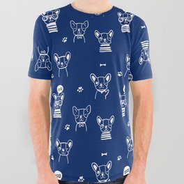 Blue and White Hand Drawn Dog Puppy Pattern All Over Graphic Tee