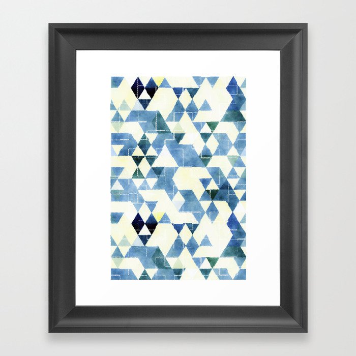 Abstract Blue Triangles, Watercolor Pattern Framed Art Print