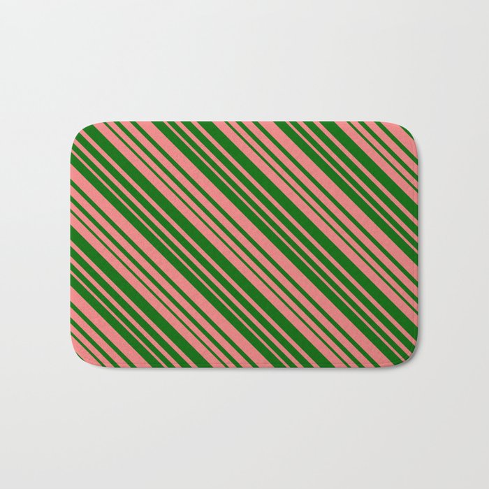 Dark Green & Light Coral Colored Lined/Striped Pattern Bath Mat