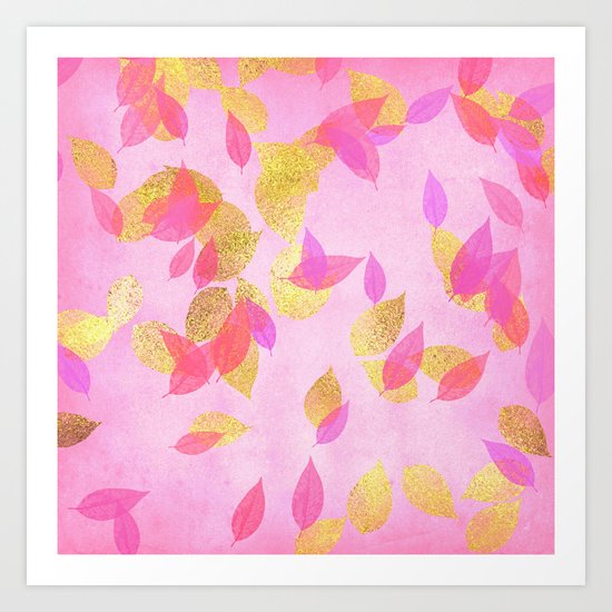 Autumn-world 5 - gold glitter leaves on pink background on #Society6 Art Print