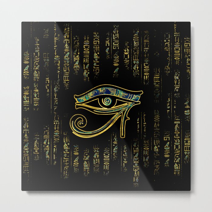 Egyptian Eye of Horus  on hieroglyphics gold and marble Metal Print