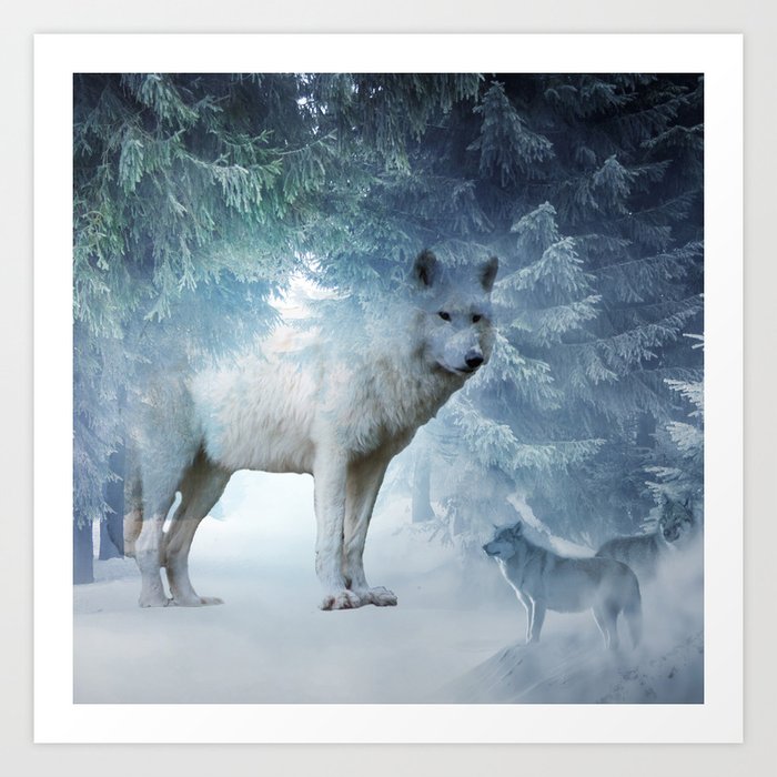 Mysterious Wolf and Snow Art Print