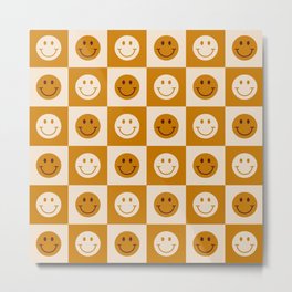 70s Retro Smiley Face Tile Pattern in Yellow & Beige Metal Print