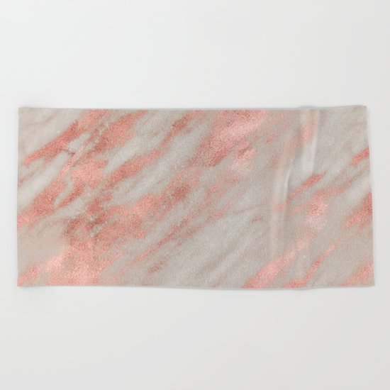 Marble Rose Gold White Marble Foil Shimmer Beach Towel
