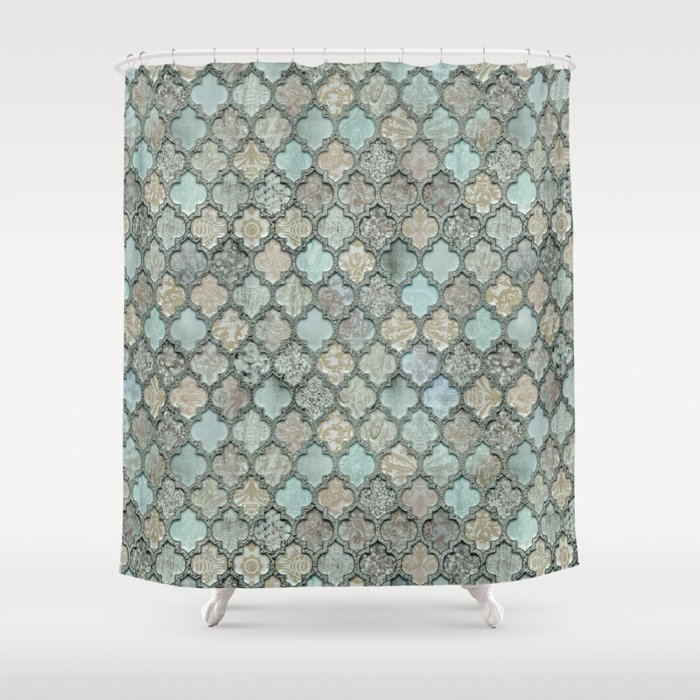 Old Moroccan Tiles Pattern Teal Beige Distressed Style Shower Curtain