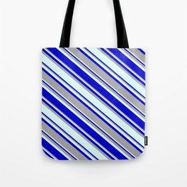 [ Thumbnail: Blue, Dark Grey & Light Cyan Colored Pattern of Stripes Tote Bag ]
