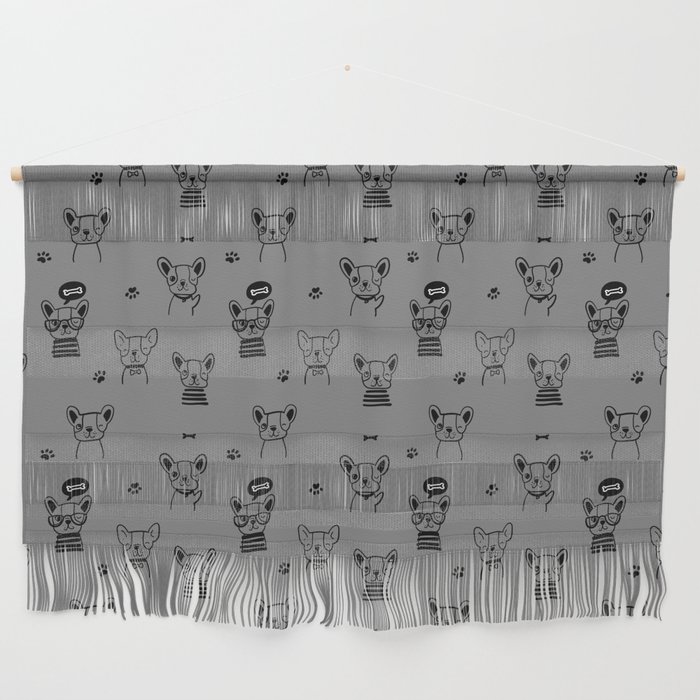 Grey and Black Hand Drawn Dog Puppy Pattern Wall Hanging
