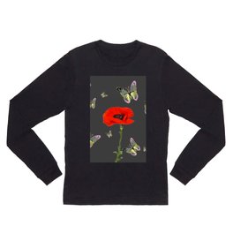 RED POPPY FLOWER & GREY BUTTERFLIES Long Sleeve T Shirt | Digital Manipulation, Butterfliesart, Modernart, Insects, Drawing, Red, Redflowers, Poppyflowers, Pattern, Butterflyart 