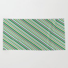 [ Thumbnail: Grey, Pale Goldenrod, Sea Green, and Light Cyan Colored Lines Pattern Beach Towel ]