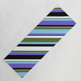 [ Thumbnail: Dark Olive Green, Sky Blue, Slate Blue, Black, and White Colored Lined Pattern Yoga Mat ]