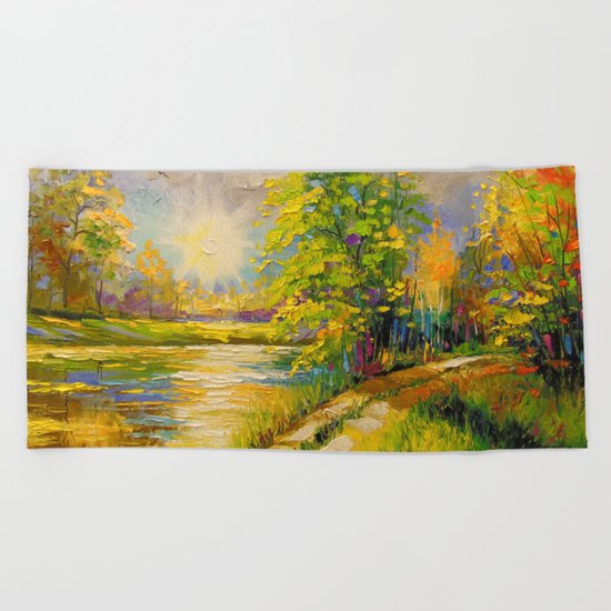 At sunset by the river Beach Towel