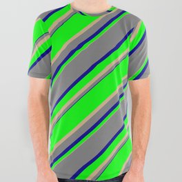 [ Thumbnail: Lime, Tan, Grey & Dark Blue Colored Lined/Striped Pattern All Over Graphic Tee ]