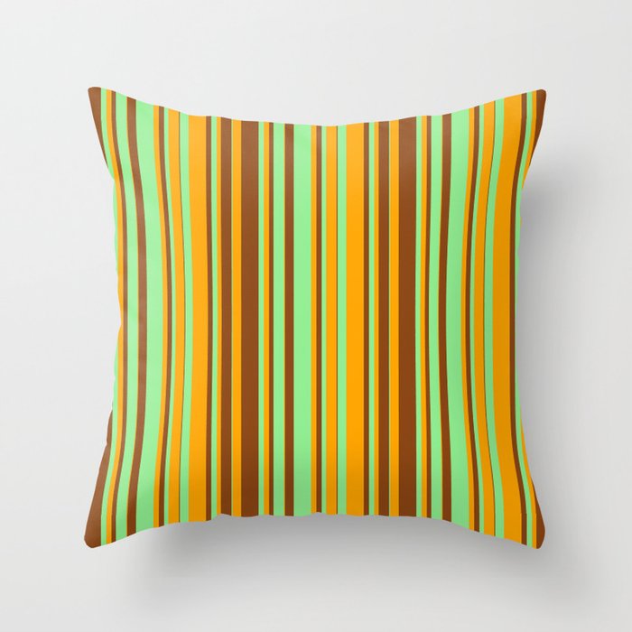 Brown, Light Green, and Orange Colored Striped Pattern Throw Pillow