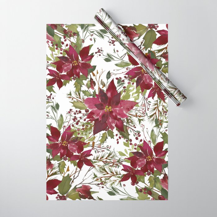 Christmas Holiday Flowers Poinsettia Green Red White Pattern Wrapping Paper  by Sandra Hutter