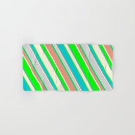 [ Thumbnail: Lime, Dark Turquoise, Dark Salmon, Beige, and Light Gray Colored Stripes/Lines Pattern Hand & Bath Towel ]