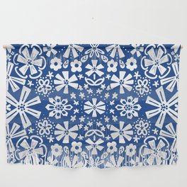 Navy Blue Folk Art Flowers Retro Modern Pattern Wall Hanging