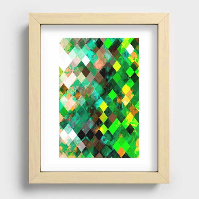 geometric pixel square pattern abstract background in green yellow Recessed Framed Print
