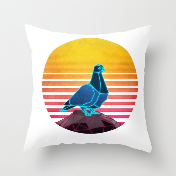 Neon Retro Synthwave Pigeon Throw Pillow