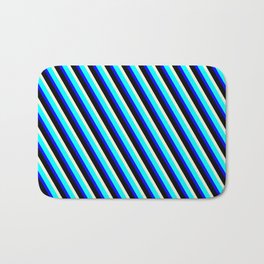 [ Thumbnail: Beige, Aqua, Blue & Black Colored Lined/Striped Pattern Bath Mat ]