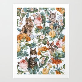 Cat and Floral Pattern III Art Print