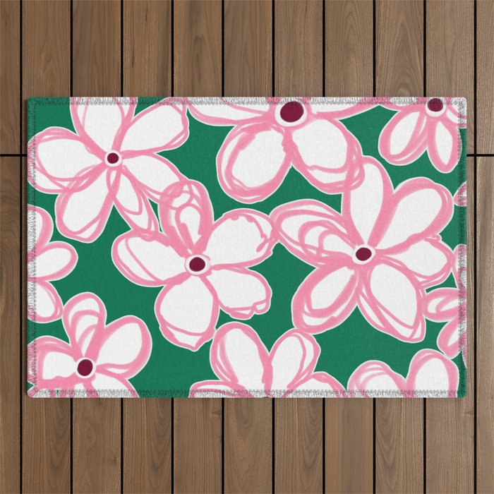 Colorful Floral Pattern on Green - Decorative Cottagecore Pattern Outdoor Rug