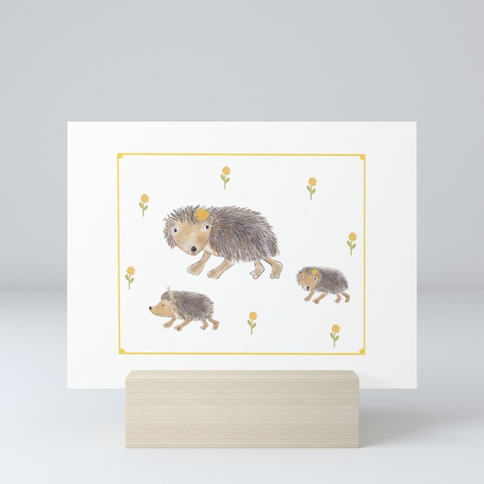 Hedgehog Mom with her Kids Mini Art Print