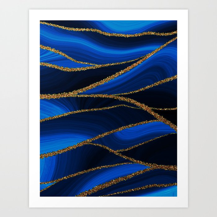 Dark Night Blue Marble Mermaid Ocean Waves  Art Print
