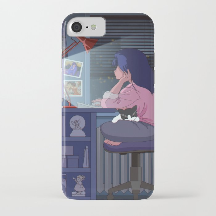 Retro Anime Girl on Computer with Cat iPhone Case