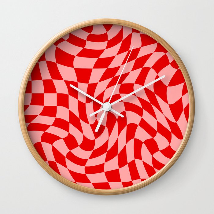 Pink and Red Wavy Checkered Print - Softroom Wall Clock