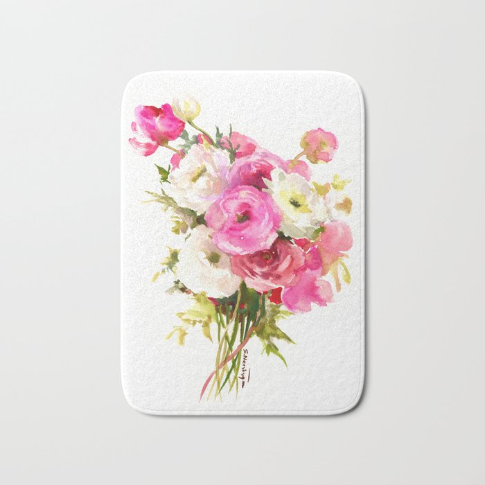 Pink Floral Love, Buttercups, garden flowers, floral artwork Bath Mat