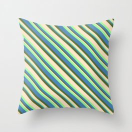 [ Thumbnail: Green, Blue, Dark Olive Green, and Bisque Colored Striped/Lined Pattern Throw Pillow ]