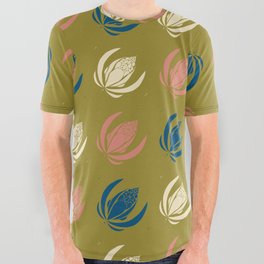 Bloom Pattern - Blue, Olive Green, Pink and Cream All Over Graphic Tee