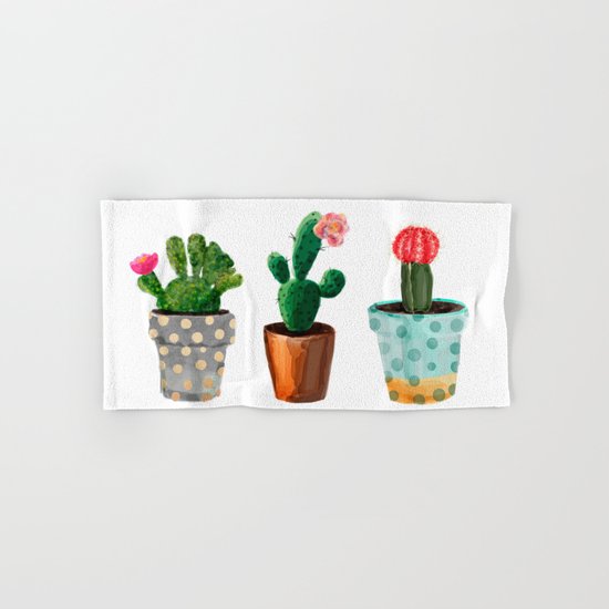 Three Cacti With Flowers On White Background Hand & Bath Towel