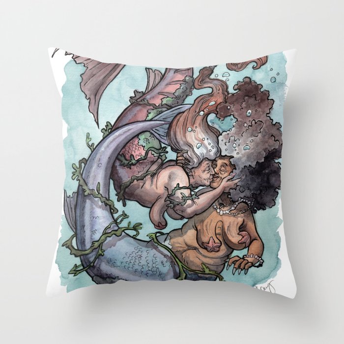 Old lady mermaids smooching Throw Pillow