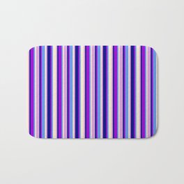 [ Thumbnail: Colorful Blue, Dark Violet, Cornflower Blue, Beige, and Plum Colored Lined Pattern Bath Mat ]