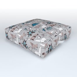 Origami dino friends // grey linen texture blue dinosaurs Outdoor Floor Cushion