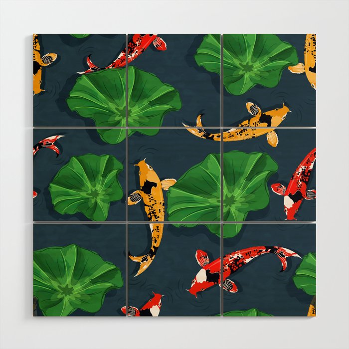 RED and YELLOW Koi in BLUE Water Art Print Wood Wall Art