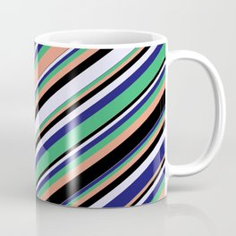[ Thumbnail: Eyecatching Sea Green, Dark Salmon, Black, Lavender & Midnight Blue Colored Lines/Stripes Pattern Coffee Mug ]