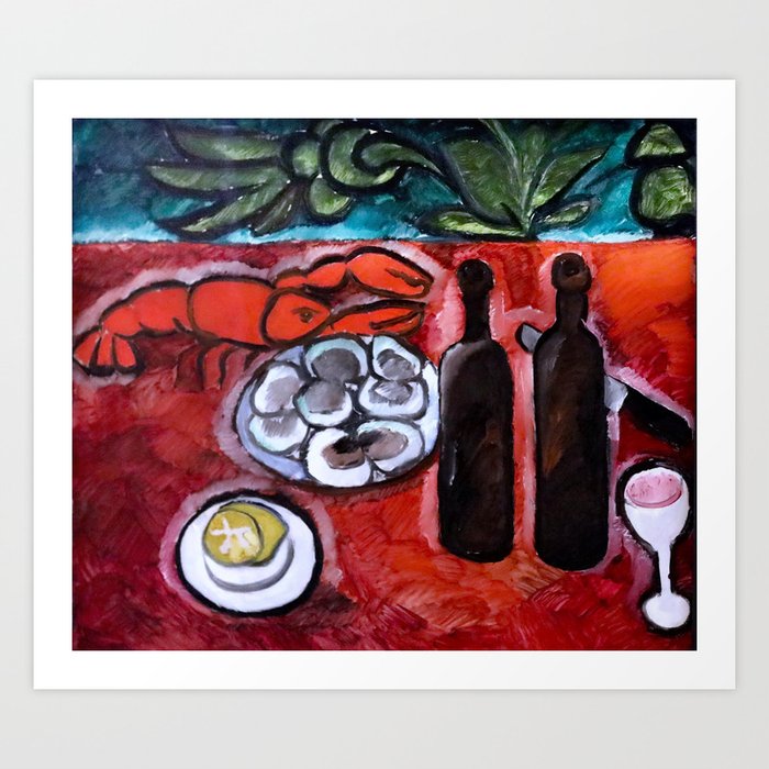Still life with lobster and bottles of French wine portrait painting by Natalia Gontcharova  Art Print