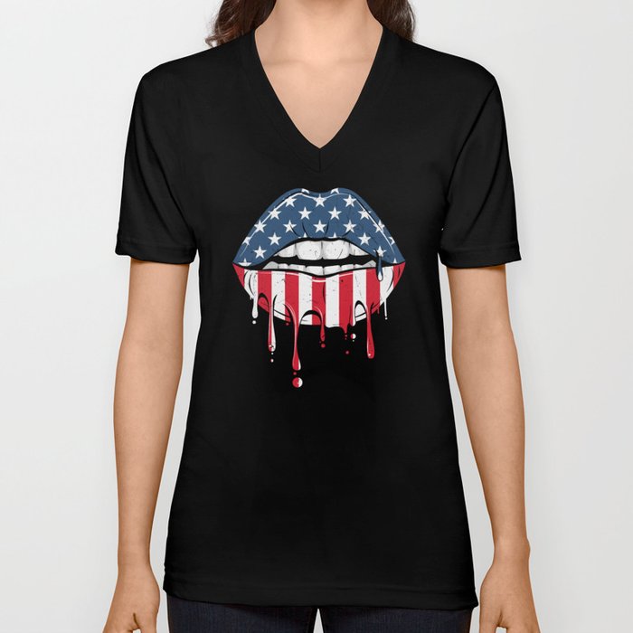 American Flag Lips Pretty Girly V Neck T Shirt