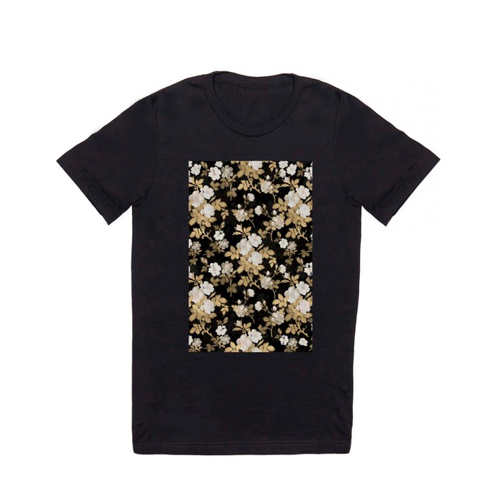 Romantic Gold White Rose Floral Painting Black Pattern T Shirt